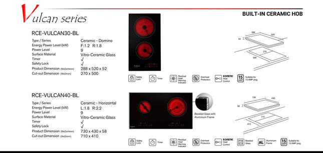 (OFFER!!) RUBINE RCE-VULCAN40-BL Built In Ceramic Cooker Hob (Left: 1800W Right: 2200W) 电磁炉