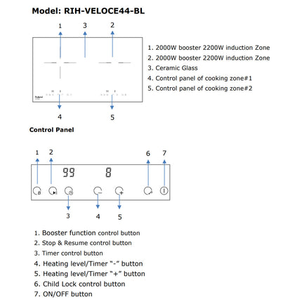 Rubine RIH-VELOCE44-BL Build-in Ceramic Induction Hob 2200W, 9 Power Level with Sensor Touch Panel - RIHVELOCE44BL