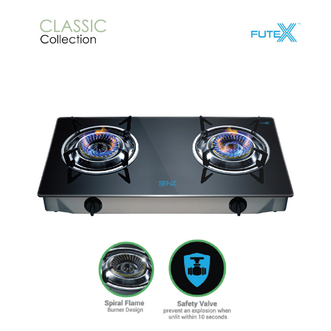 SENZ SZ-GS202 SZ-GS303 Table Top Linear Spiral Flame Gas Stove Safety Valve Futex Glass SZGS202 SZGS303 Dapur Gas 燃气厨房