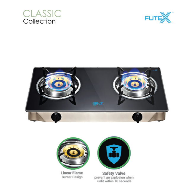 SENZ SZ-GS202 SZ-GS303 Table Top Linear Spiral Flame Gas Stove Safety Valve Futex Glass SZGS202 SZGS303 Dapur Gas 燃气厨房