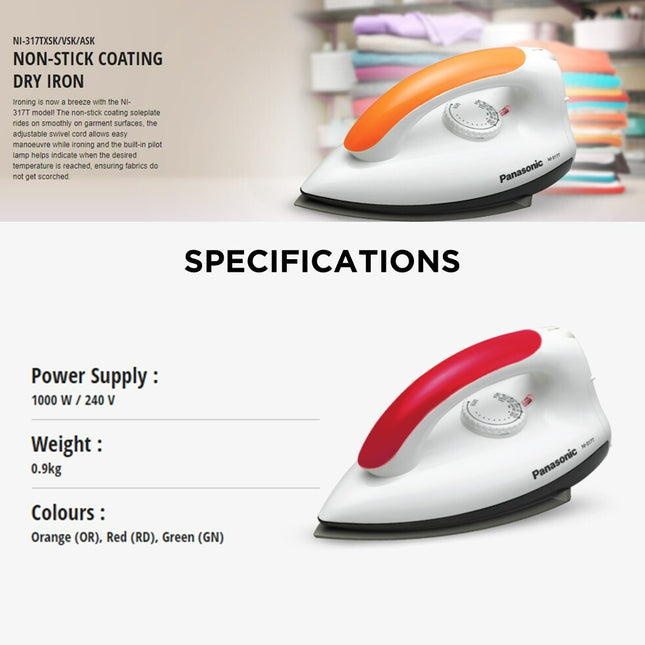 PANASONIC NI-317T Iron 1000W 0.9KG Non Stick NI-317TASK NI-317TVSK NI-317TXSK Lightweight Thermal Cut Off WAH LEE STORE