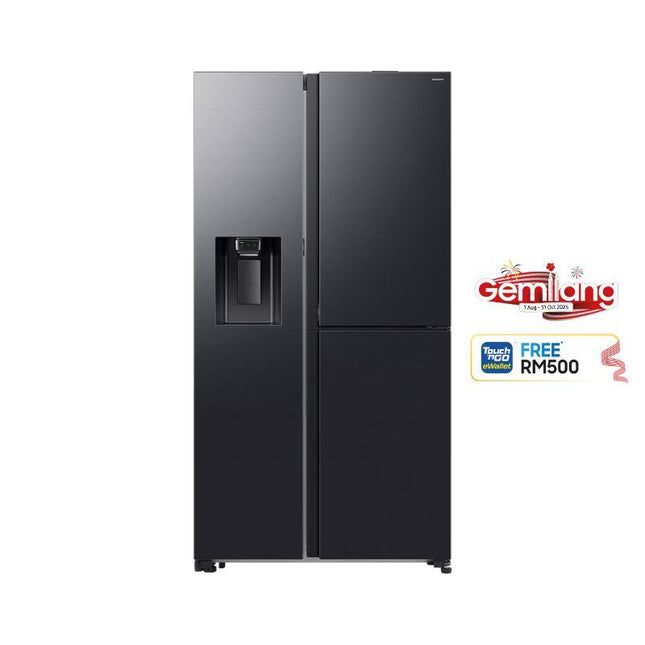 Samsung RS80F65GNFME 609L Side By Side Fridge, 3-Door Refrigerator, Food Showcase, Black