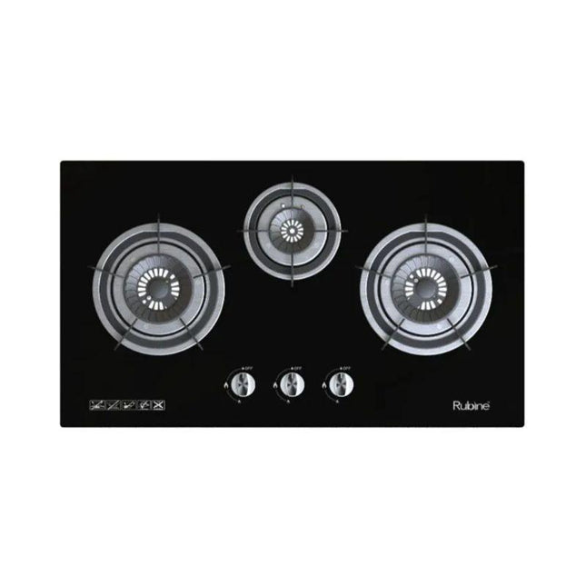 Rubine RGH-VISTA3B-BL 5.0Kw Tempered Glass Designer 3 Burner Built-in Hob RGHVISTA3BBL
