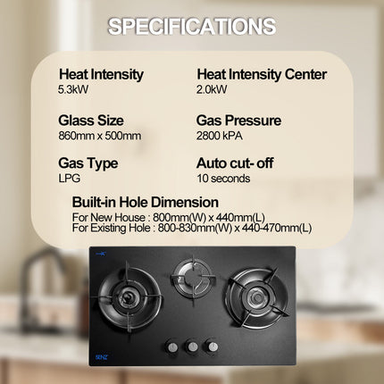 SENZ TRESOR Anti-Dry Burning Technology 3 Plate Burner Gas Stove