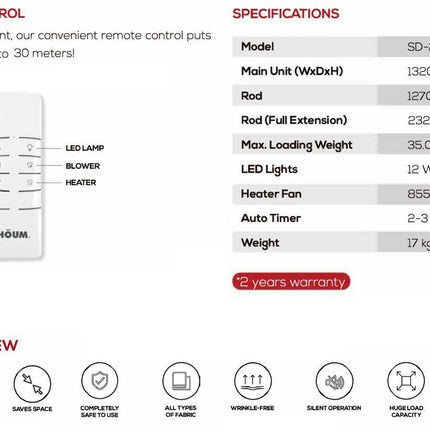 HOUM Super Dryer SD200HG / SD230DC - Capacity up to 35KG 4 Extendable Rods Minimum Electricity Consumption Dryer Machine Clothes
