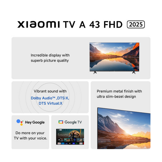 Xiaomi TV A 2025 Series L43MASSEA 43 Inch 4K HDR display Metal finish with ultra slim-bezel design L43MASSEA Televisyen Pintar