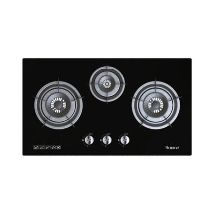 Rubine RGH-VISTA3B-BL 5.0kW 3 Burner Built-in Tempered Glass Gas Hob Vortex Flame Burner - VISTA3BBL