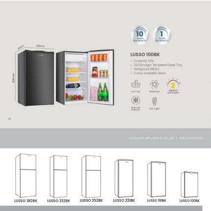 Faber LUSSO100BK 105L 1-Door Fridge Capacity Edge LED Light Manual Defrost Adjustable Leg Refrigerator LUSSO100BK