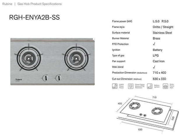 Rubine RGH-ENYA2B-SS Stainless Steel Surface Built-in Hob - 5.0KW