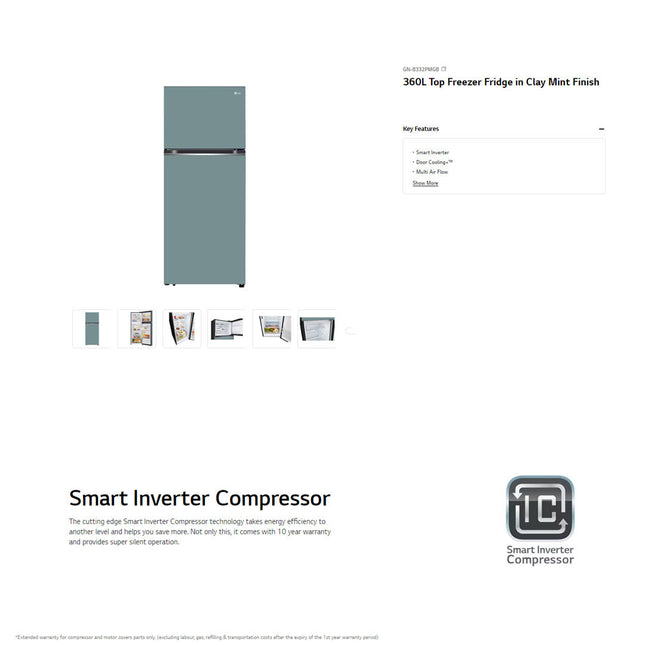 LG 360L 2 Doors Top Mount Smart Inverter Refrigerator GN-B332PMGB | Door Cooling+™ | Multi Air Flow | Smart Diagnosis™ | Refrigerator With 1 Year Warranty