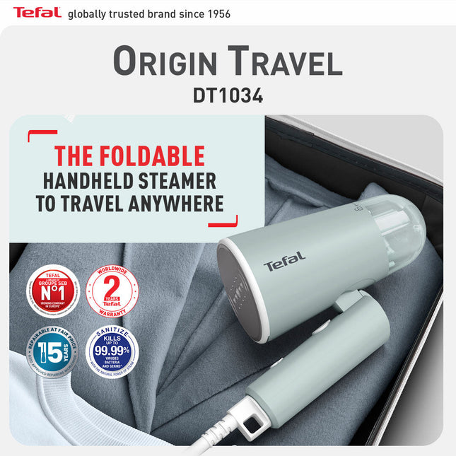 Tefal Origin Travel Handheld Garment Steamer (DT1034) (20g/min. metal soleplate. 25 seconds fast heat up. foldable)