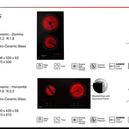 (OFFER!!) RUBINE RCE-VULCAN40-BL Built In Ceramic Cooker Hob (Left: 1800W Right: 2200W) 电磁炉