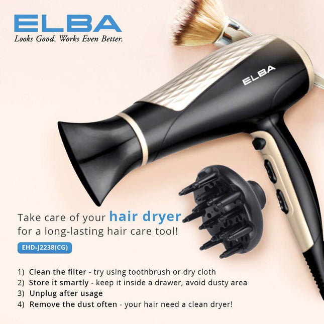 Elba EHD‑J2238(CG) 2 200 W Hair Dryer with Large Diffuser – 2 Speed & 3 Heat Settings