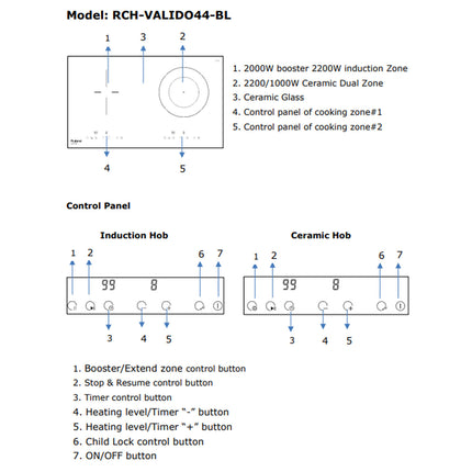 Rubine RCH-VALIDO44-BL Build-in Ceramic Induction Hob 2200W X-Boost, 9 Power Level with Sensor Touch Panel - RCHVALIDO44BL