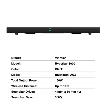 Vinnfier Hyperbar 3000 MAX 160W Home TV Soundbar Speaker Bluetooth USB Drive Aux-In Optical HDMI (ARC)