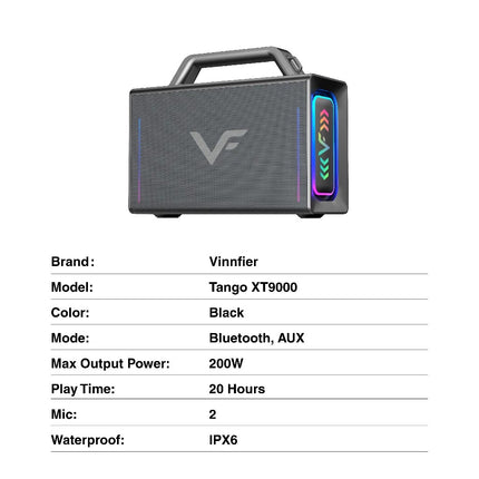 Vinnfier Tango XT9000 Max 250W Portable Bluetooth Karaoke Speaker Water Resistant Dual DSP Chip