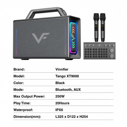 Vinnfier Tango XT9000 Max 250W Portable Bluetooth Karaoke Speaker Water Resistant Dual DSP Chip