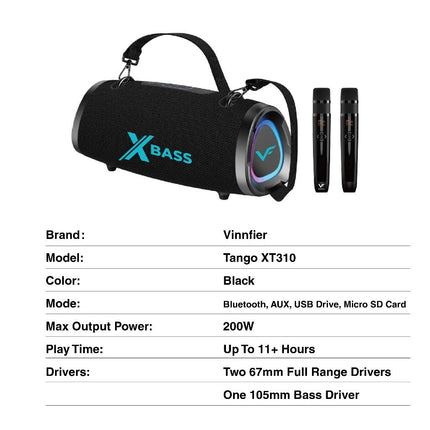 Vinnfier TANGO XT310 200W Portable X-Bass Wireless Karaoke Speaker with 2 Microphone TANGOXT310 Pembesar Suara
