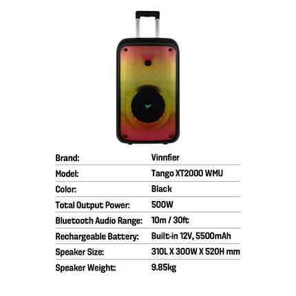 Vinnfier TANGO XT2000 WMU Trolley Bluetooth Karaoke Party Speaker Party Light Effect