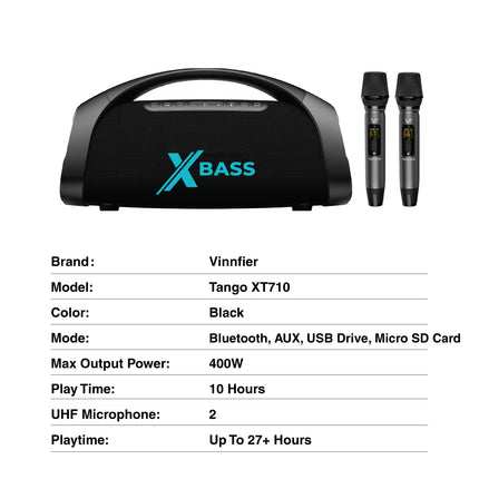 Vinnfier TANGO XT710 400W X-Bass Portable Party Karaoke Speaker with 2 Wireless Mic Bluetooth Speaker