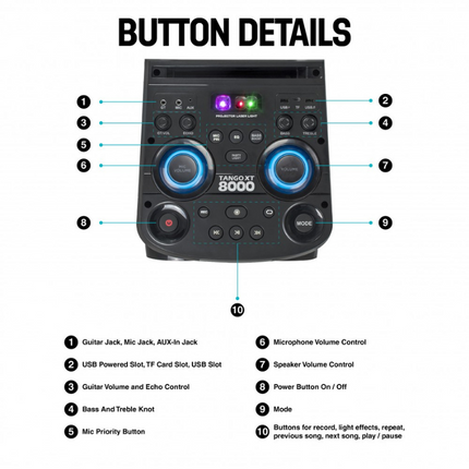 Vinnfier TANGO XT8000 WMU 1500W Partybox Speaker 14000mAh Portable Bluetooth Aux-In USB Drive