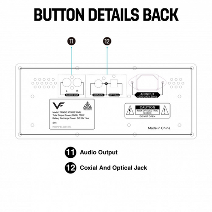 Vinnfier TANGO XT8000 WMU 1500W Partybox Speaker 14000mAh Portable Bluetooth Aux-In USB Drive
