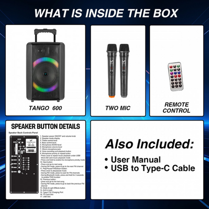 Vinnfier TANGO 600 WMV Portable Trolley Wireless Bluetooth Speaker 90W Max Karaoke USB Drive Micro SD card