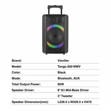 Vinnfier TANGO 600 WMV Portable Trolley Wireless Bluetooth Speaker 90W Max Karaoke USB Drive Micro SD card