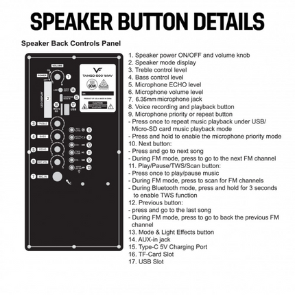 Vinnfier TANGO 600 WMV Portable Trolley Wireless Bluetooth Speaker 90W Max Karaoke USB Drive Micro SD card