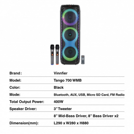 Vinnfier TANGO 700 WMB The Ultimate Party Speaker Tri Bass System Party Light Karaoke Fun