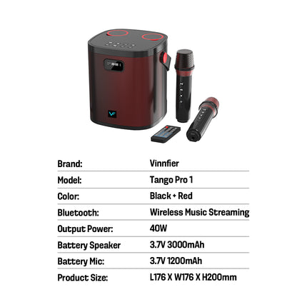Vinnfier TANGO PRO 1 Bluetooth Portable Karaoke Speaker with 2 Wireless Microphone Support USB Drive