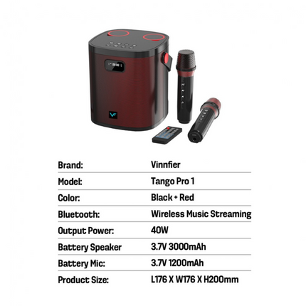 Vinnfier TANGO PRO 1 Bluetooth Portable Karaoke Speaker with 2 Wireless Microphone Support USB Drive