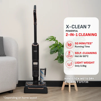 Tefal GF5736 X-Clean 7 Wet & Dry Handstick Vacuum and Mop 2-in-1 Cordless Self-Clean 50-Min Runtime