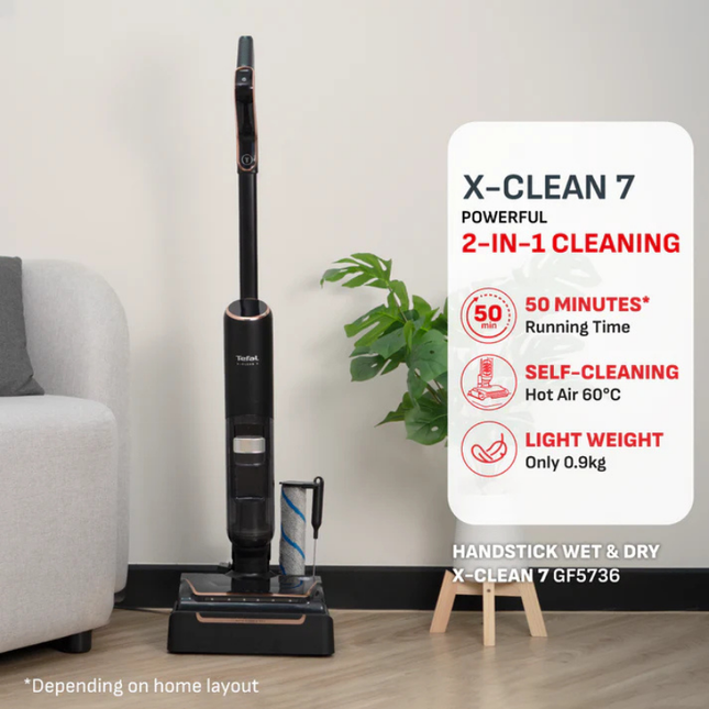 Tefal GF5736 X-Clean 7 Wet & Dry Handstick Vacuum and Mop 2-in-1 Cordless Self-Clean 50-Min Runtime