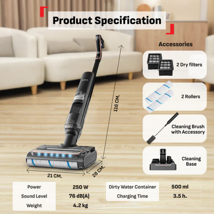 Tefal GF5736 X-Clean 7 Wet & Dry Handstick Vacuum and Mop 2-in-1 Cordless Self-Clean 50-Min Runtime