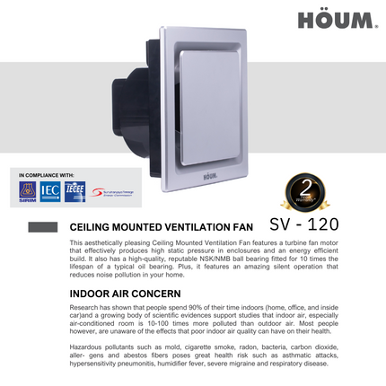 Houm Ceiling Mounted Ventilation Exhaust Fan 90CFM 120CFM SV90-D1 (Round) / SV90-D2 SV120-D2 (Square) 4 Inch