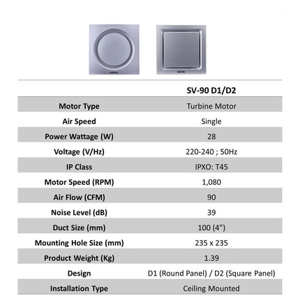 Houm Ceiling Mounted Ventilation Exhaust Fan 90CFM 120CFM SV90-D1 (Round) / SV90-D2 SV120-D2 (Square) 4 Inch