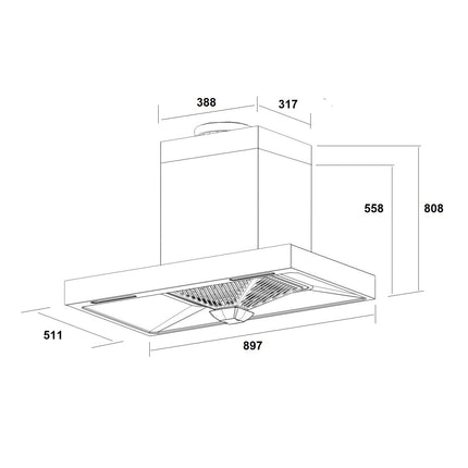 Rubine Chimney Hood RCH-BOXLINE XR-90SS 90cm 1400m3/H Suction Power 1100m3/H RCHBOXLINE290SS RCHBOXLINEXR90SS Cerobong Dapur Gas