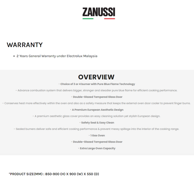 Zanussi ZCG930W 3 Burner Freestanding Gas Cooker (62L Gas Oven) - Zanussi Malaysia Warranty