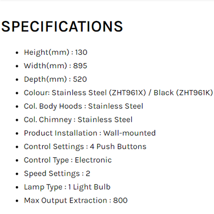 ZANUSSI ( ZHT961K / ZHT961X ) 800m3/hr 90cm Slim Line Cooker Hood Black / Stainless Steel Color