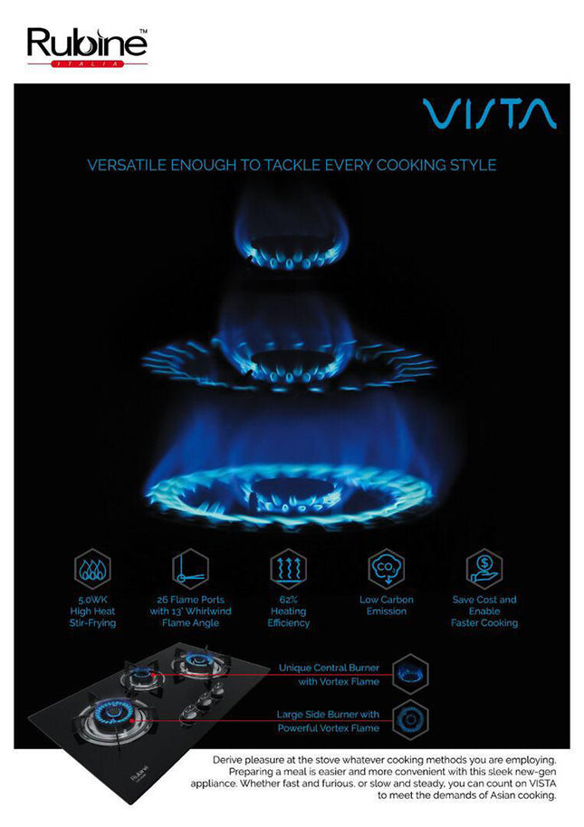 Rubine 5.0Kw Tempered Glass Designer 3 Burner Built-in Hob - RGH-VISTA3B-BL