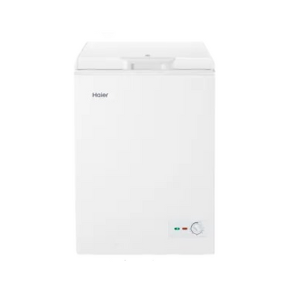 Haier chest freezer in white color with a front-facing handle and control knob, branded with a 4 star energy saving label and a fast freeze feature.