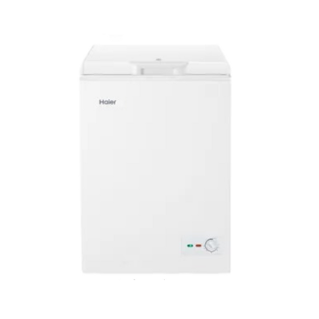 Haier chest freezer in white color with a front-facing handle and control knob, branded with a 4 star energy saving label and a fast freeze feature.