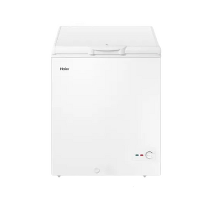 Haier chest freezer with features highlighted such as energy saving, fast freeze, and 142L capacity.