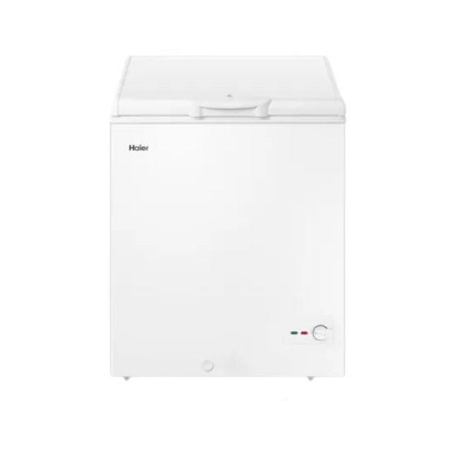 Haier chest freezer with features highlighted such as energy saving, fast freeze, and 142L capacity.