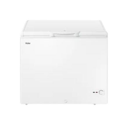 Haier chest freezer in white color with a front-facing handle, control knob, and brand logo.