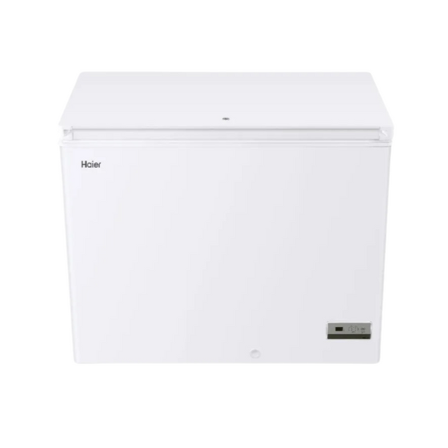 Haier chest freezer with electronic control panel and removable anti-bacterial door seal, in white color.