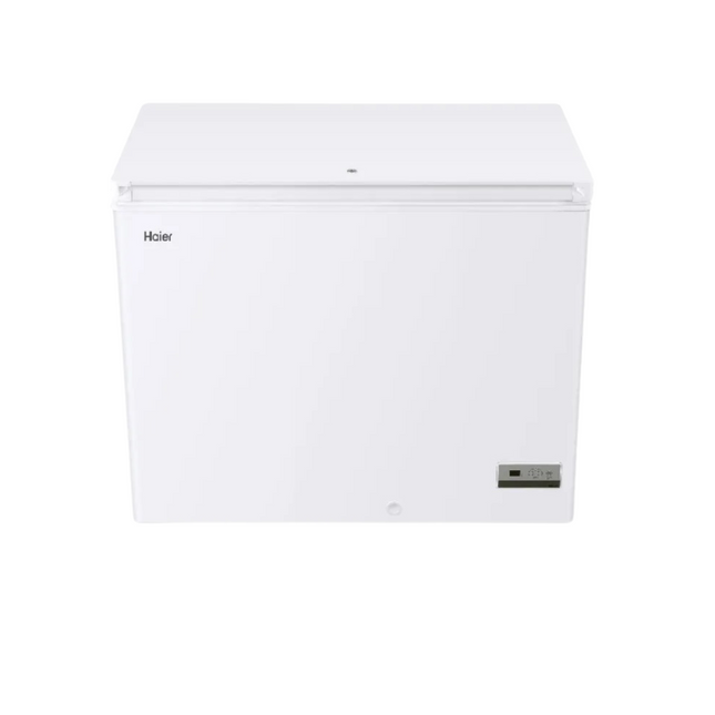 Haier chest freezer in white color with a closed door, brand logo visible, product model number BD-318HEE, energy saving and fast freeze features mentioned, 301L capacity highlighted.