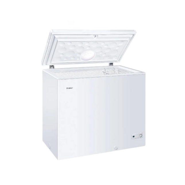 Haier chest freezer with a white exterior, open lid showing the interior, and branding visible.