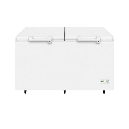 Haier 450L Chest Freezer with white color featuring double doors, a control knob on the front, and built on universal wheels.